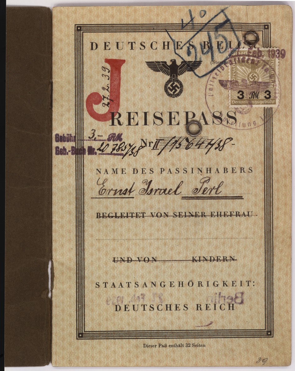 Passport issued to Ernst Perl in February, 1939.  It is stamped with a red "J" and includes the middle name Israel in order to identify the owner as Jewish.  Ernst used this passport to flee Germany and eventually make his way to the United States.

Ellinor (now Eleanor) and Evelyn Perl, twin sisters, were born in Berlin in 1938 to Ernst and Frieda (nee Heimann) Perl.  The family fled to Lisbon via Paris and succeeded in sailing to the United States on board the SS Nyassa on May 25, 1941.  They settled in New York where the girls attended a pre-school for Jewish refugee children.