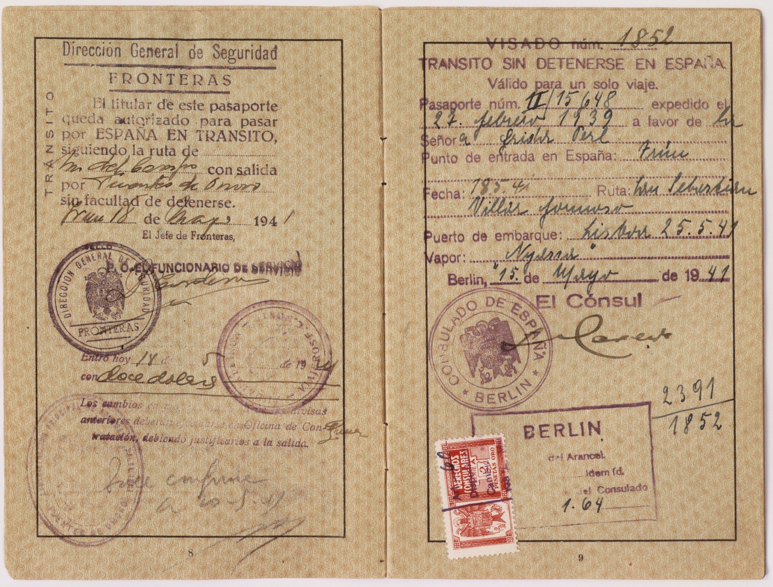 Passport issued to Frida Felicie Perl in February, 1939.  It is stamped with a red "J" and includes the middle name Sara in order to identify the owner as Jewish.  Ernst used this passport to flee Germany and eventually make his way to the United States.

Ellinor (now Eleanor) and Evelyn Perl, twin sisters, were born in Berlin in 1938 to Ernst and Frieda (nee Heimann) Perl.  The family fled to Lisbon via Paris and succeeded in sailing to the United States on board the SS Nyassa on May 25, 1941.  They settled in New York where the girls attended a pre-school for Jewish refugee children.