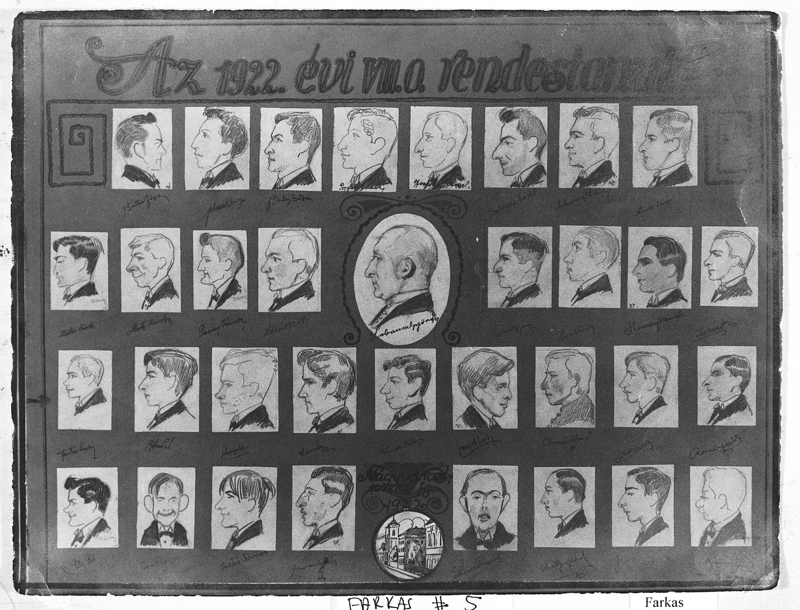 Caricature of the graduating class of the Oradea Gymnasium drawn by a student, Kalman Wavrek.

The school was directed by the Premonstratensian Order founded in France, but many of the students were Jewish.