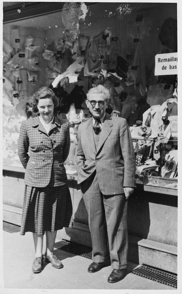 Yaakov Rubinstein and Sabina Petranek pose in front of a store in Argentina where they immigrated after the war.