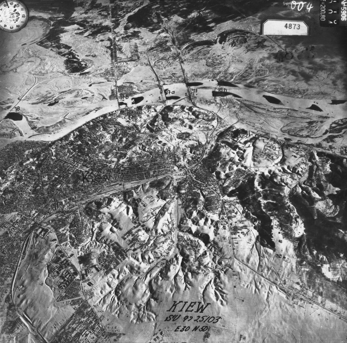 An aerial photograph of the city of Kiev, taken by the German air force.  The ravine of Babi Yar is not visible, but lies just off the bottom left margin of the image. [Oversized Print]