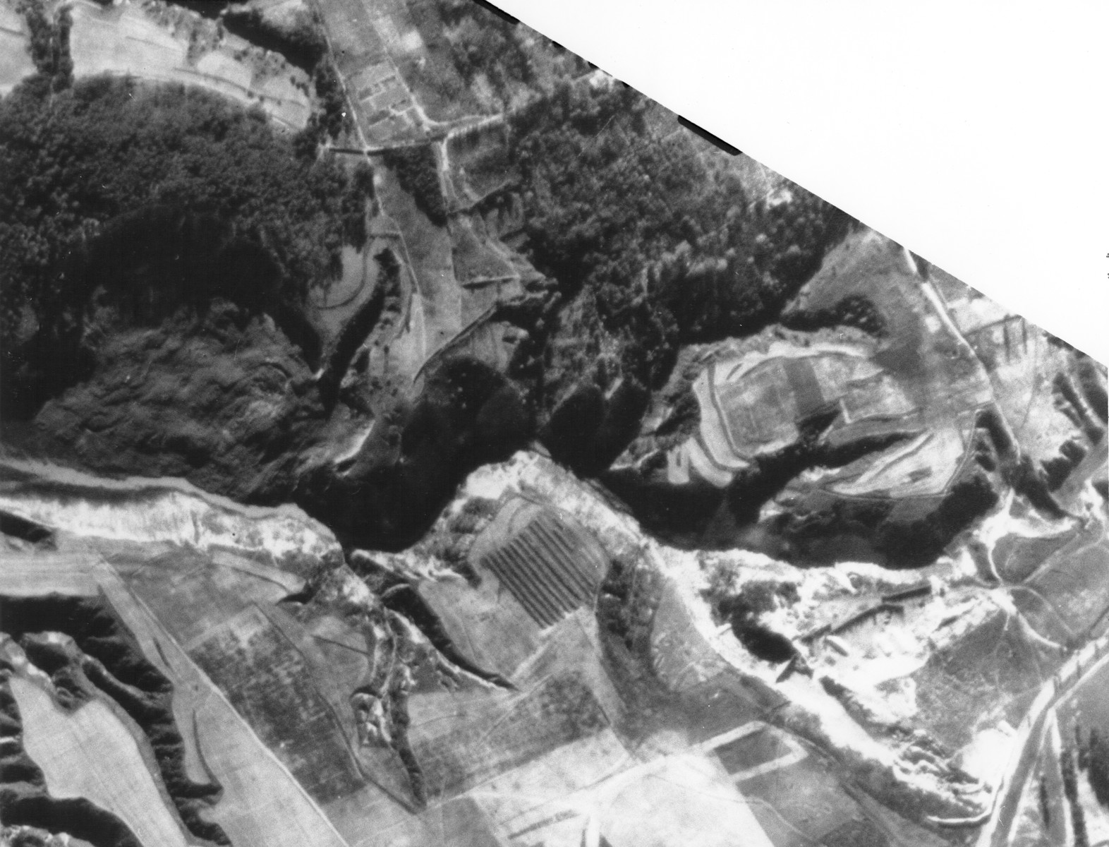 An aerial photograph of the Babi Yar ravine taken by the German air force.  [Oversized Print]