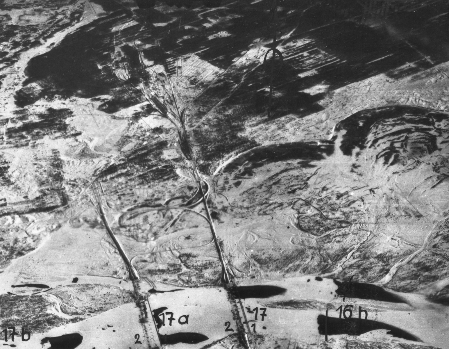 An aerial photograph of the Babi Yar ravine taken by the German air force.  [Oversized Print]
