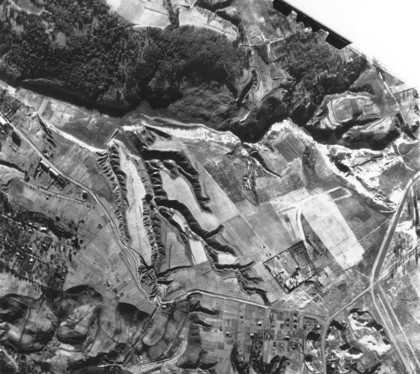 An aerial photograph of the Babi Yar ravine taken by the German air force.  [Oversized Print]