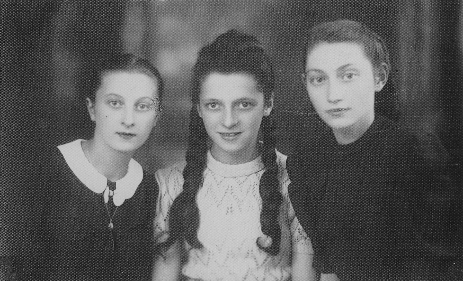 Portrait of three young Jewish women.  

From left: Pola Rozen (the donor's niece); Ewa Strzegowska and Frania Magierkiewicz.  In August 1943 all three were deported to Auschwitz and perished there.