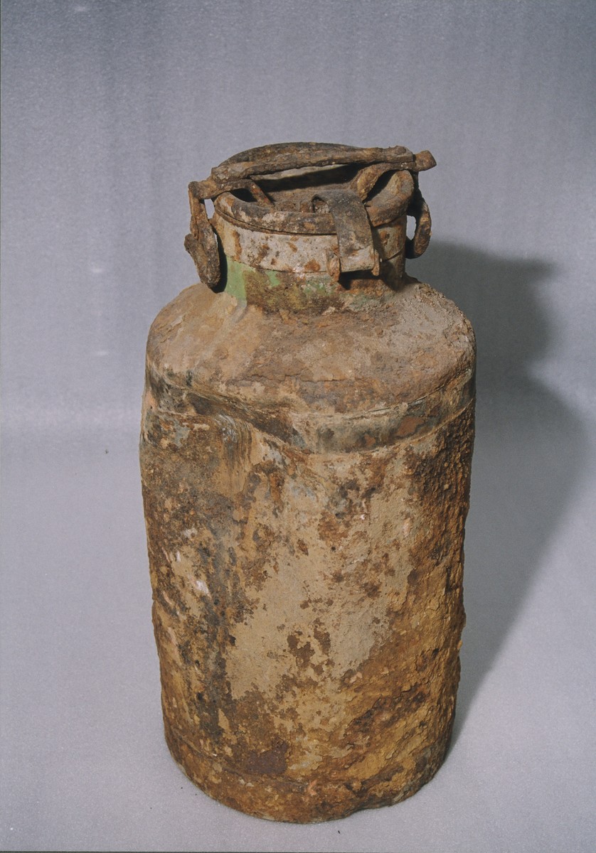 One of the two milk cans in which portions of the Ringelblum Oneg Shabbat archives were hidden and buried in the Warsaw ghetto.  The milk cans are currently in the possession of the Jewish Historical Institute in Warsaw.