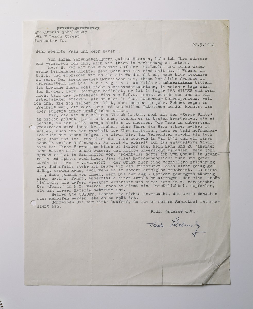 Letter from Mrs. Arnold Schelansky, former MS St. Louis passenger,  to Mr. and Mrs Mayer, relatives of Julius Hermann.  She is writing to ask the Mayers to help Hermann who is in Les Milles in France.