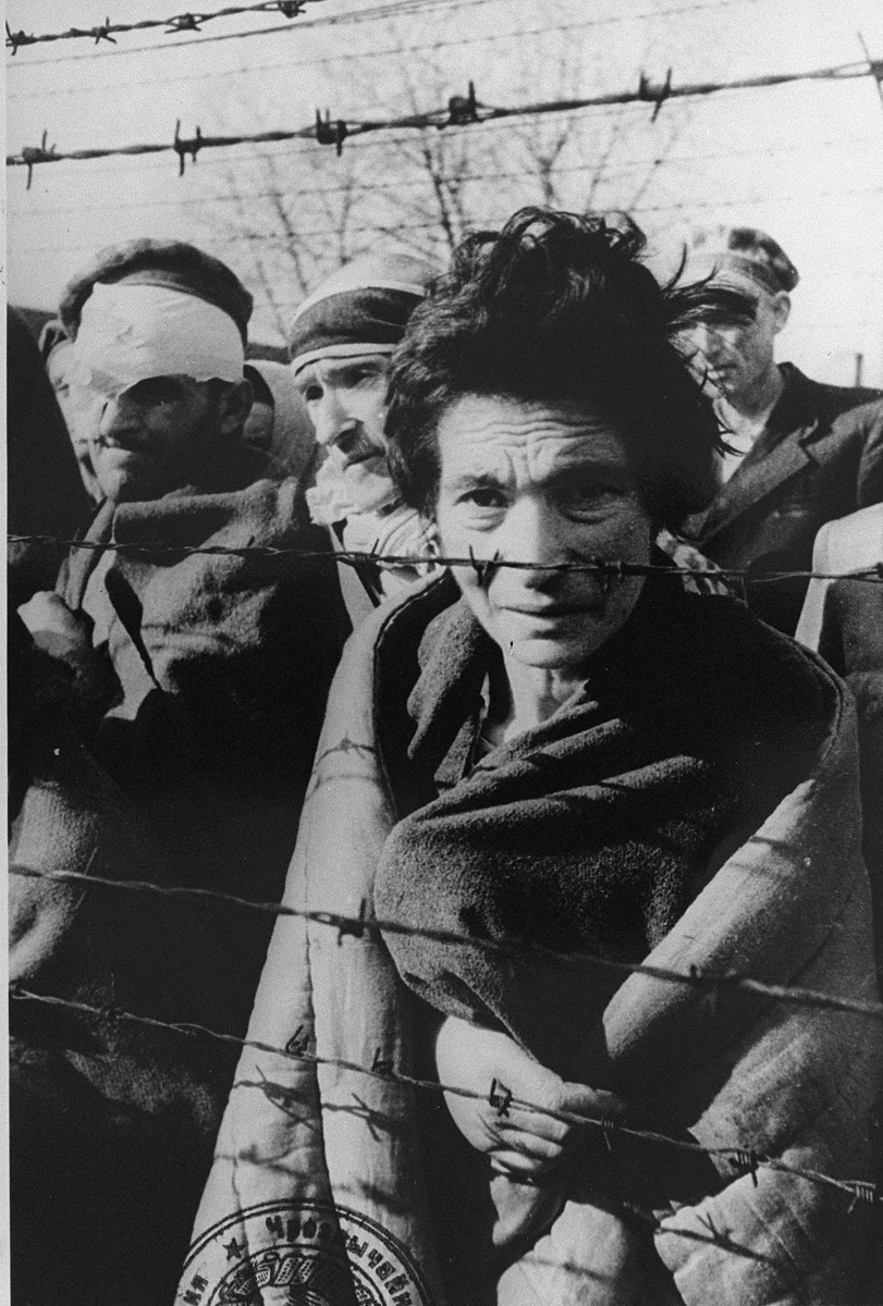 Liberated inmates behind the barbed wire fence.

Pictured in the back right is Elia Fermon.