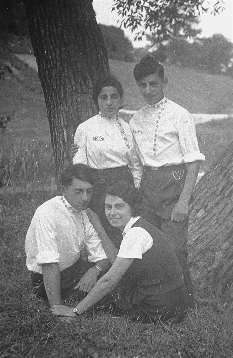 Two young couples wearing embroidered blouses (Jewish folk-dancing costumes) pose in a park. 

Pictured are the donor's uncles, Shmuel (top right) and Moshe (bottom left) Kaplan, with their girlfriends.