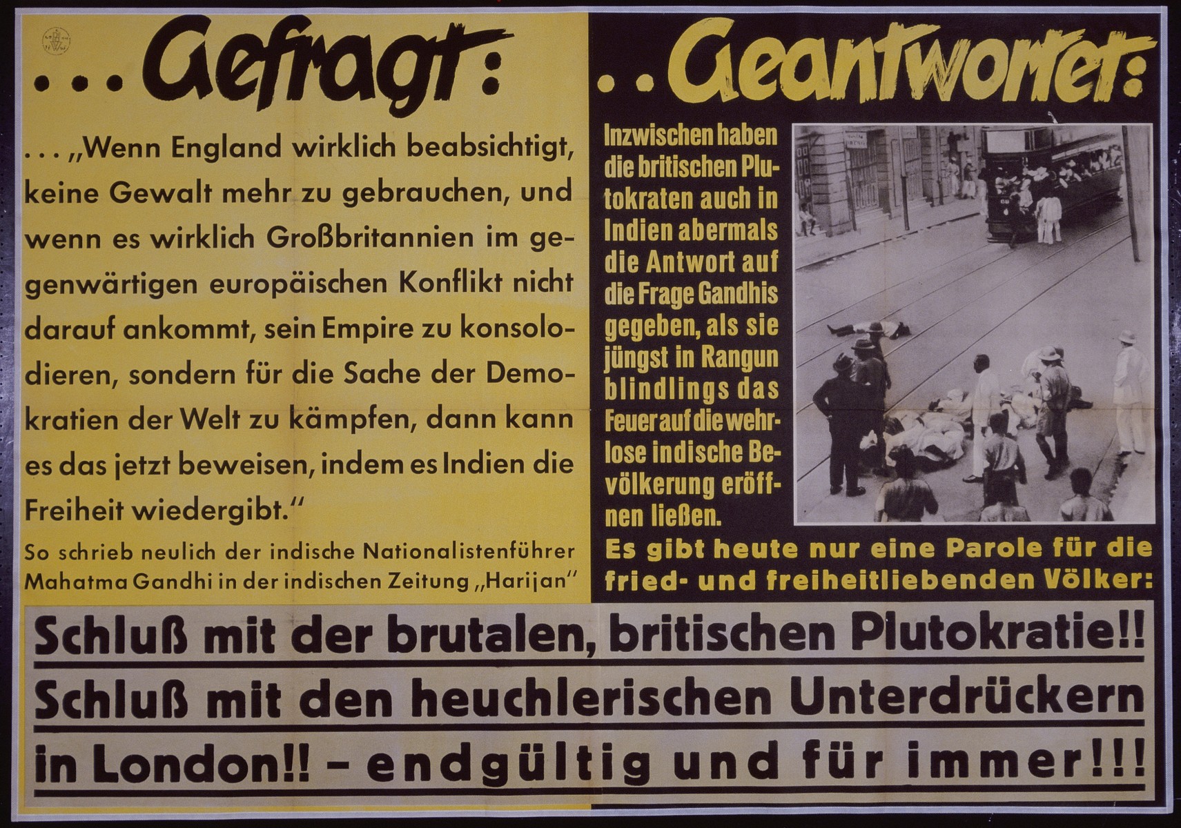 Nazi propaganda poster entitled, "...Gefragt...Geantwortet," issued by the "Parole der Woche," a wall newspaper (Wandzeitung) published by the National Socialist Party propaganda office in Munich.