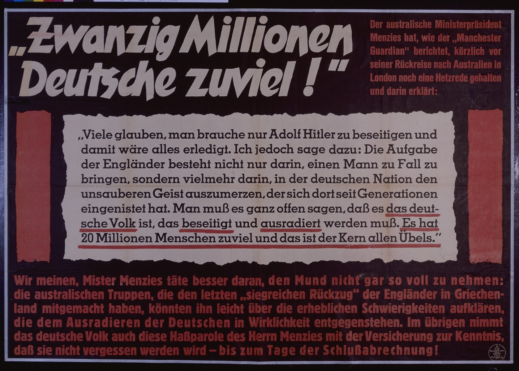 Nazi propaganda poster entitled, "Zwanzig Millionen Deutsche zuviel!" issued by the "Parole der Woche," a wall newspaper (Wandzeitung) published by the National Socialist Party propaganda office in Munich.