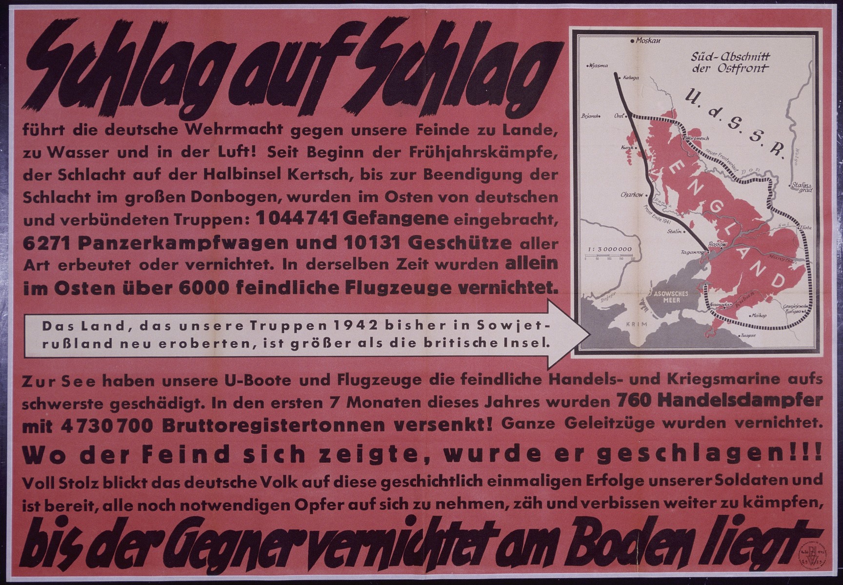 Nazi propaganda poster entitled, "Schlag auf Schlag," issued by the "Parole der Woche," a wall newspaper (Wandzeitung) published by the National Socialist Party propaganda office in Munich.