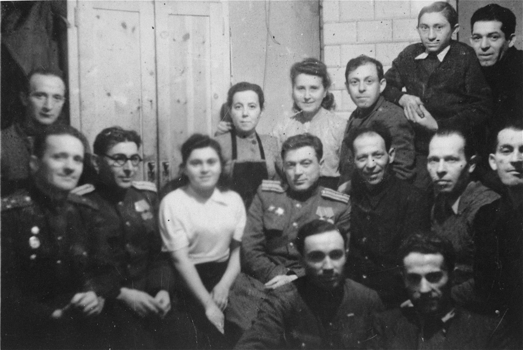 Jewish survivors in Czestochowa pose with Soviet soldiers and officers who liberated the area.

Among those pictured are Jack and Hela Shipper, Laibish Kornberg and Hershel Proszeh.