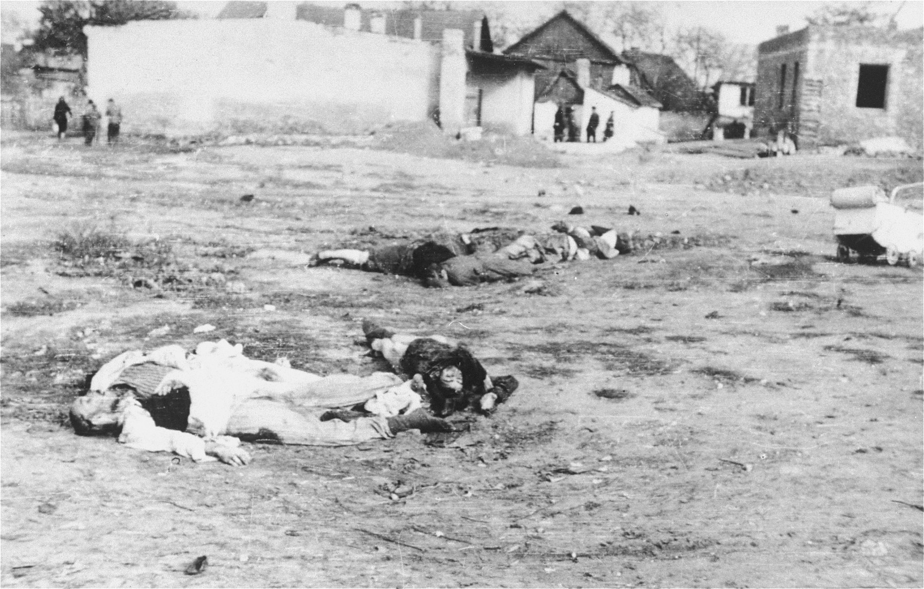 The corpses of Jews lie on the ground in the Deblin-Irena ghetto.

The corpses of those who were murdered in the ghetto during the expulsion Aktion to Sobibor were transported by cart to the Jewish cemetery in Bobrowniki.  [Source: Yad Vashem research notes.]