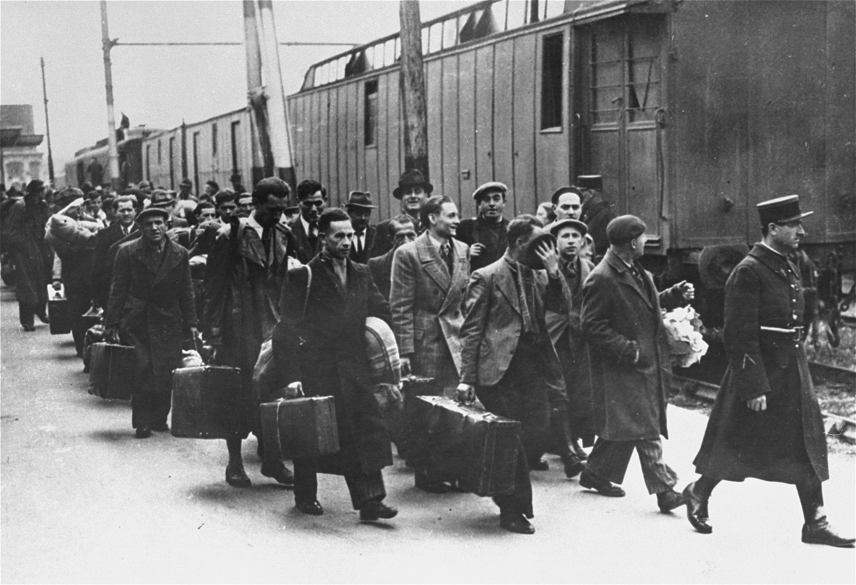 Foreign born Jews arrive at the gare d'Austerlitz station during a deportation action from Paris.