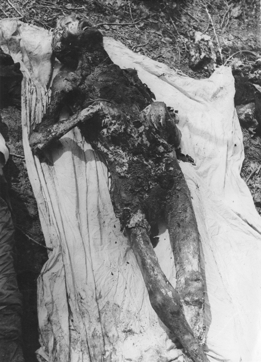 The corpse of a Jew exhumed from a mass grave.  The victims were presumably killed in the Maros Street or Varosmajor Street hospital massacres.