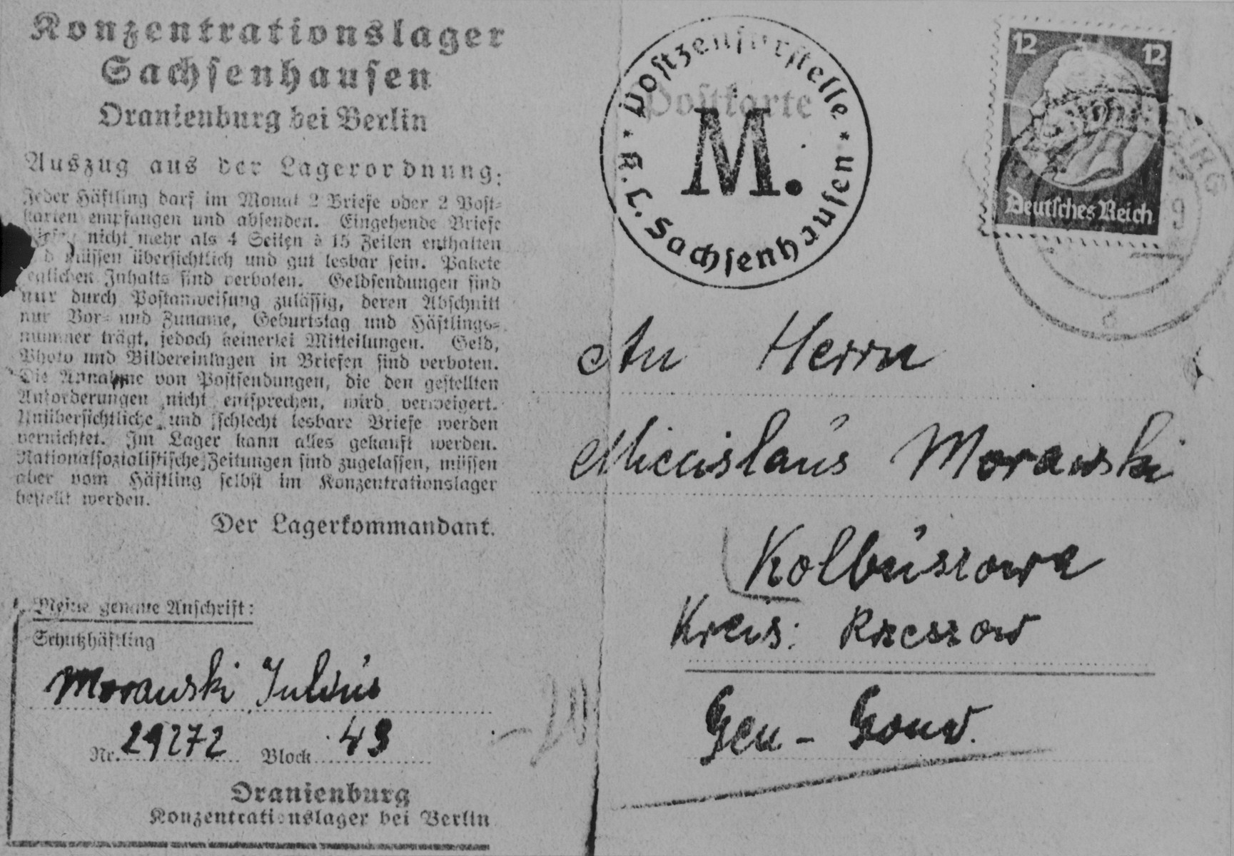 A postcard sent from Julius Morawski in Oranienburg to Miecislaus Morawski in Kolbuszowa.