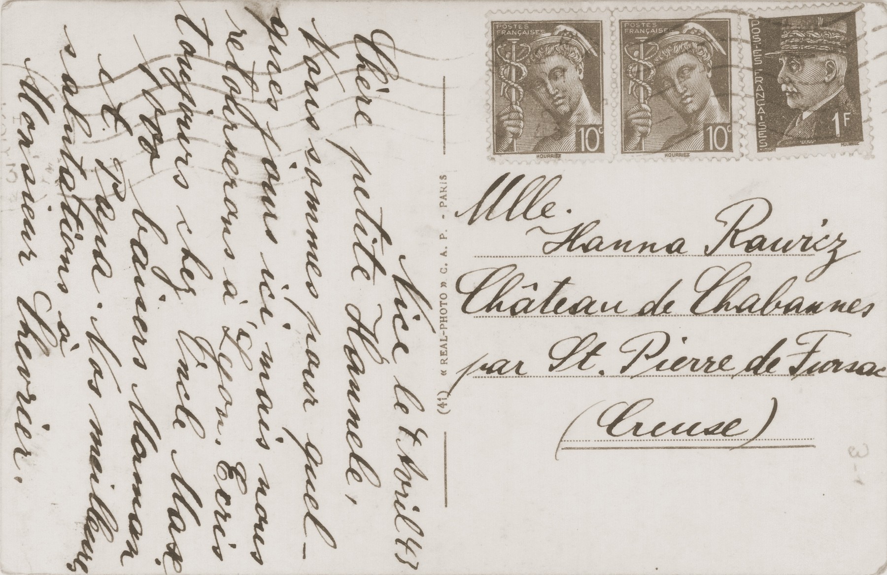 A postcard sent to Hanna Rawicz at the Château de Chabannes by her parents in Nice.