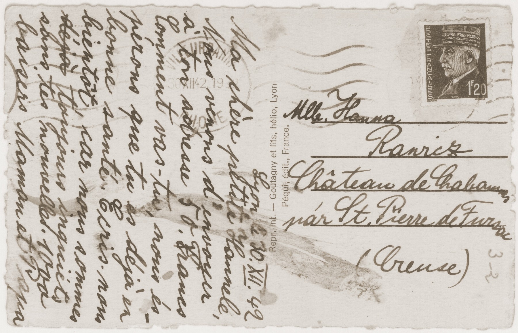 A postcard sent from Lyon by Jakob and Gisa Rawicz to their daughter, Hanna, at the Château de Chabannes children's home.