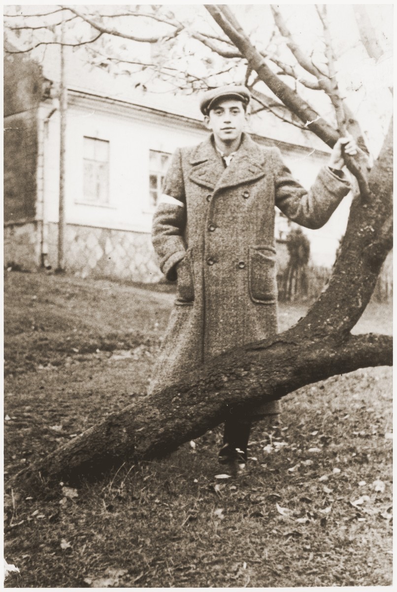 A young Jewish man wearing an armband poses by a tree in the Wisnicz Nowy ghetto.

Pictured is Meyer Schoen.
