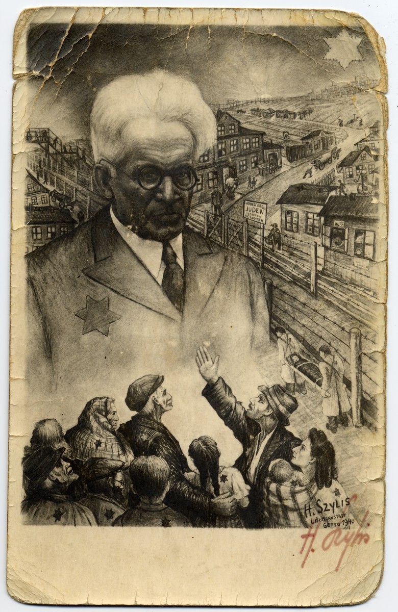 "Aspects of Jewish Life" by Hersch Szylis.
Poster on behalf of Rumkowski, head of Judenrat in Lodz ghetto.  Rumkowski's  portrait dominates photograph.