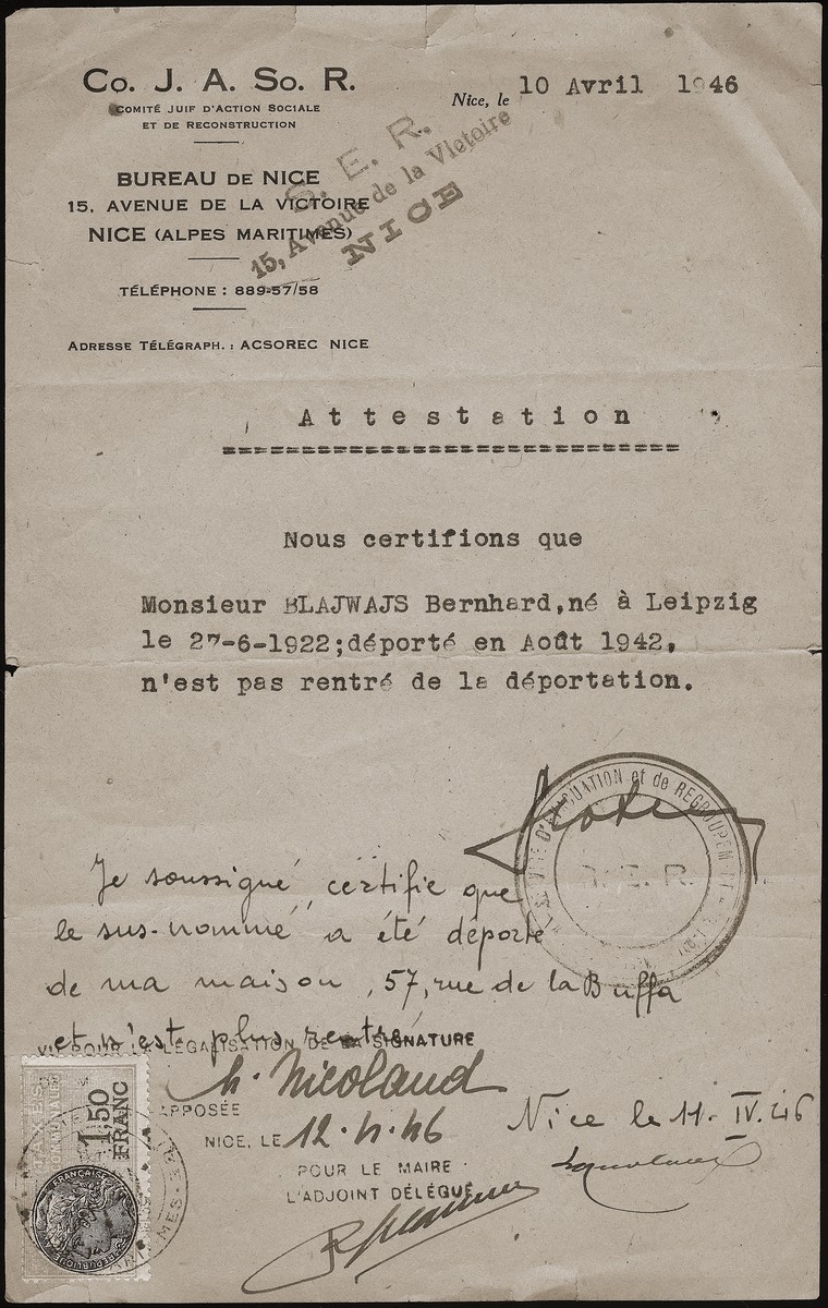 A document issued by the Service d'evacuation et de regroupment certifying that Chaim Bleiweiss [here spelled Blajwajs] was deported on August 26, 1942 and never returned.