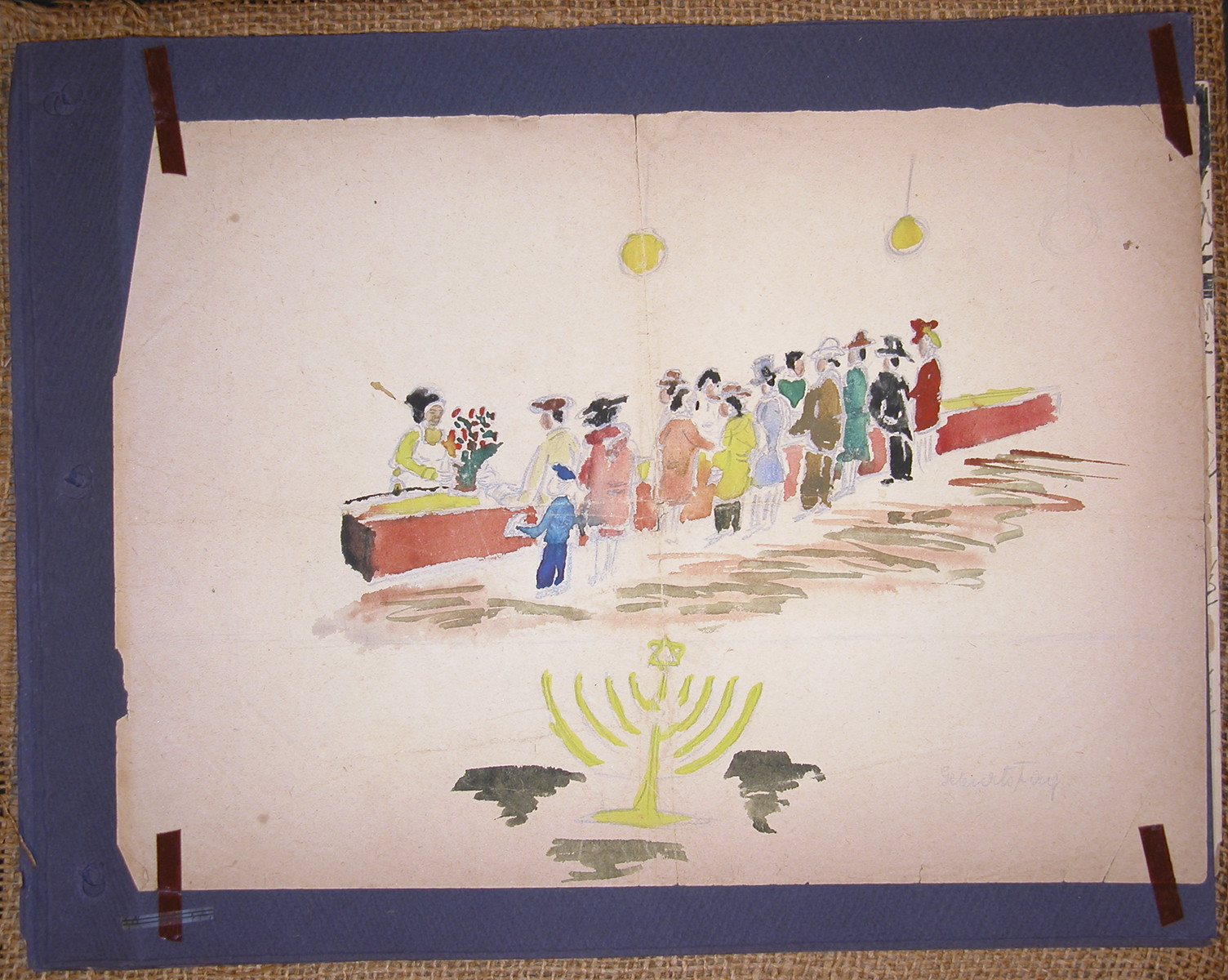 Children's painting showing of Jews celebrating Hanukkah.

This painting was made in Theresienstadt and then pasted into a scrapbook by their mother shortly after liberation.