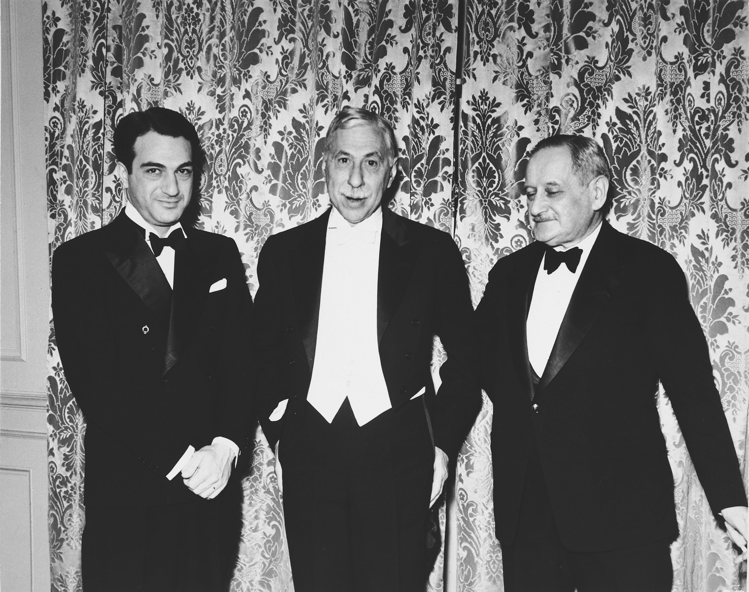 Group portrait of American Zionist leaders and philanthropists.

From left to right are George Blacker, Joseph M. Poskauer, and Paul Baerwald of the JDC.