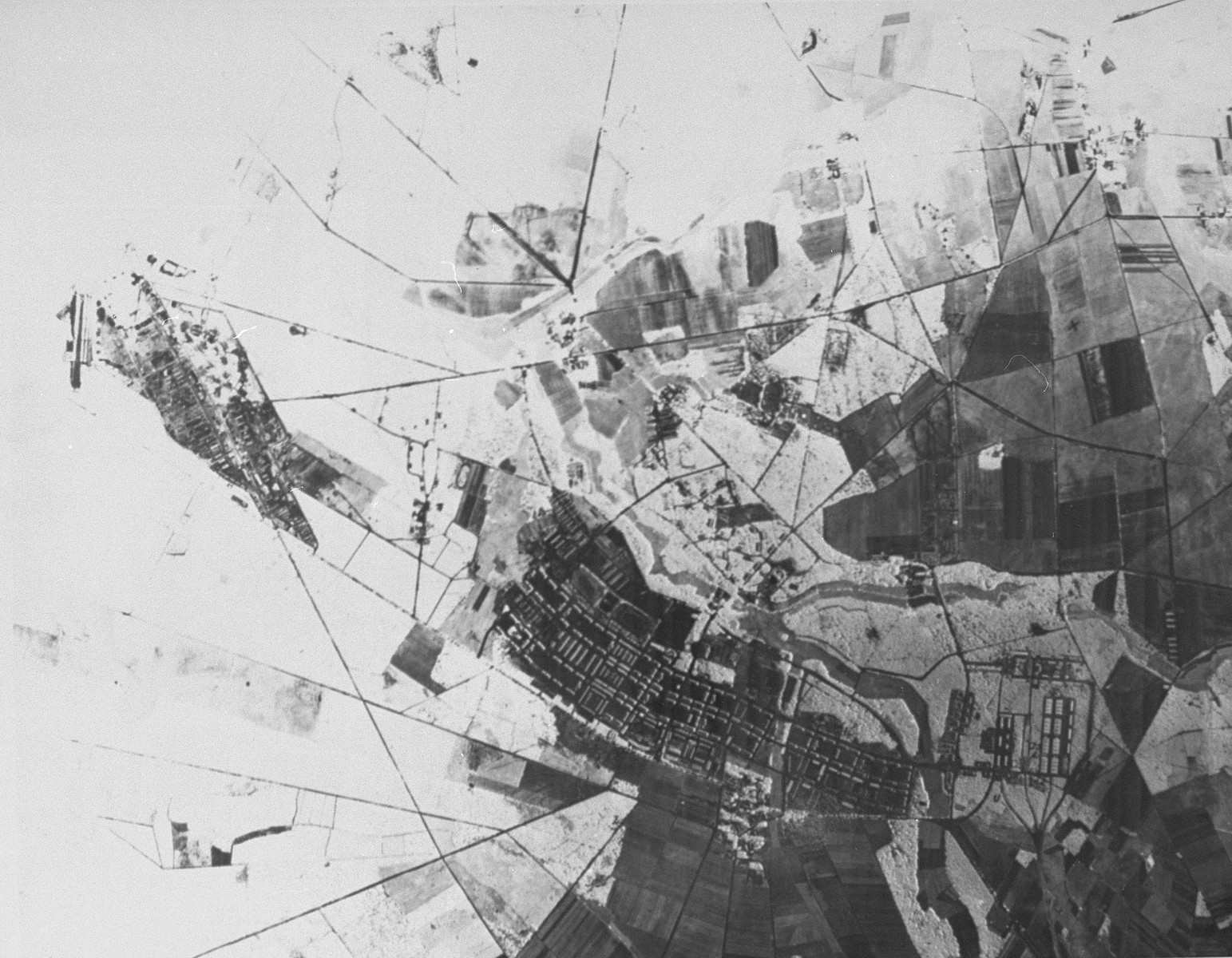 Aerial reconnaissance photograph of the Bergen-Belsen concentration camp area showing the village of Bergen.