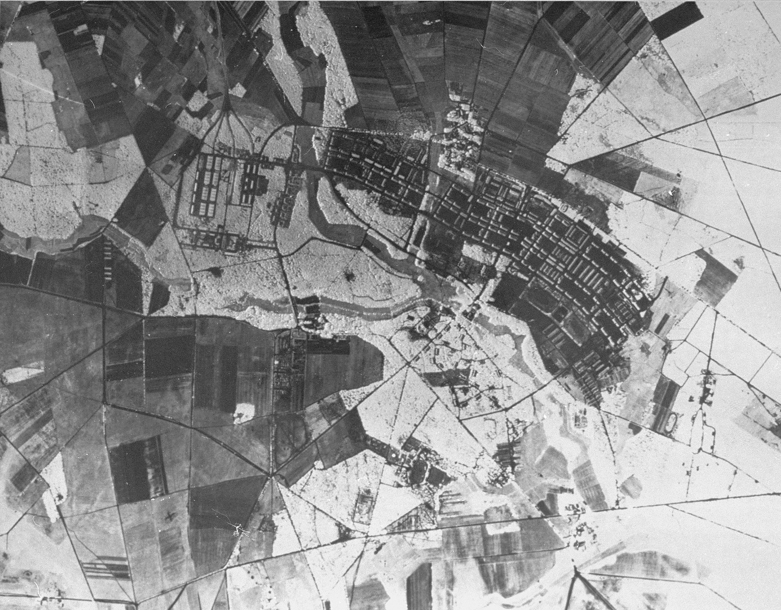 Aerial reconnaissance photograph of the Bergen-Belsen concentration camp area showing the military training base, about two kilometers northeast of the camp.