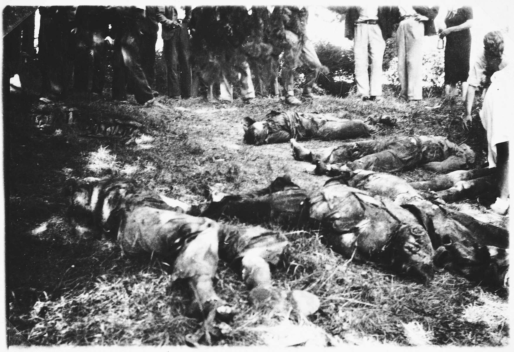 French civilians look at the bodies of fellow townspeople killed by Wehrmacht troopers in St. Pol-de-Leon.