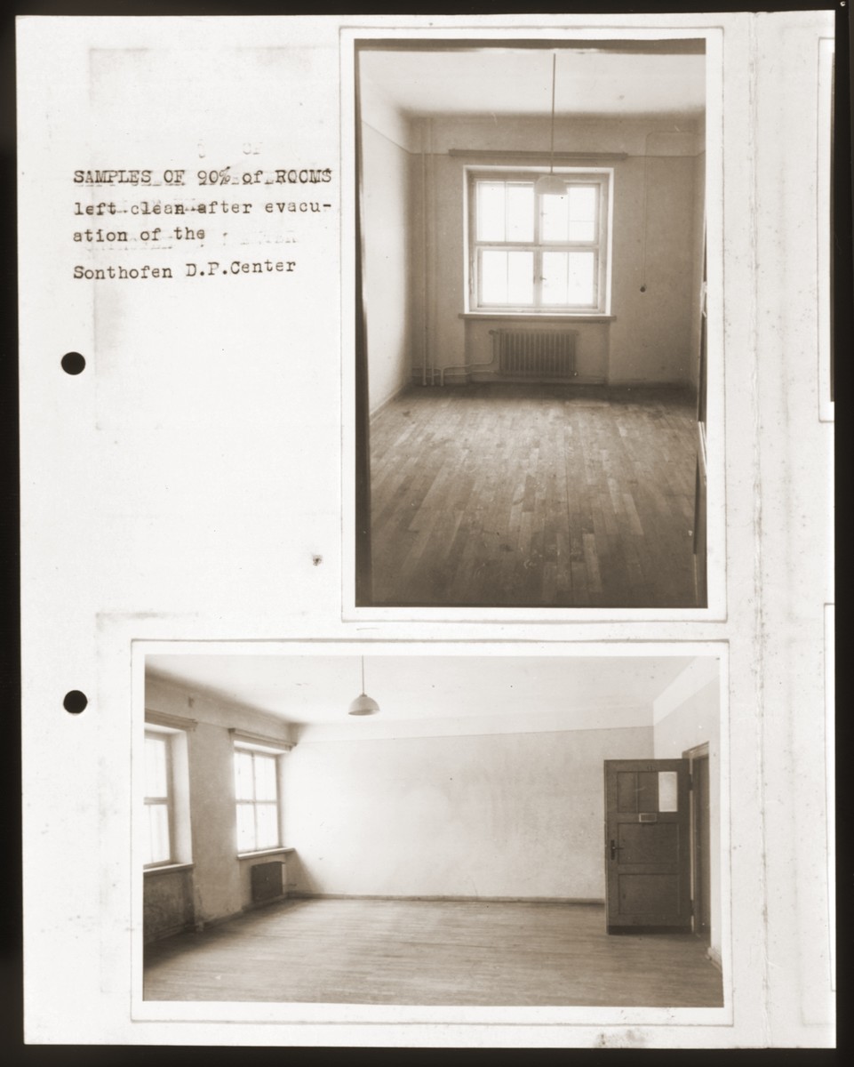 An album page featuring two photographs of empty rooms at the Sonthofen displaced persons center.  

The caption reads, "Samples of 90% of rooms left clean after evacuation of the Sonthofen DP Center."