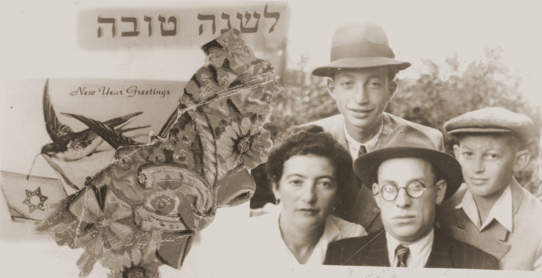 Personalized Jewish New Year's card with a portrait of the Appelbaum family in the Gabersee displaced persons camp.

Pictured are Gittel Chibowsky and Chanania Appelbaum with their two sons, Yitzhak (top) and Motel (right).