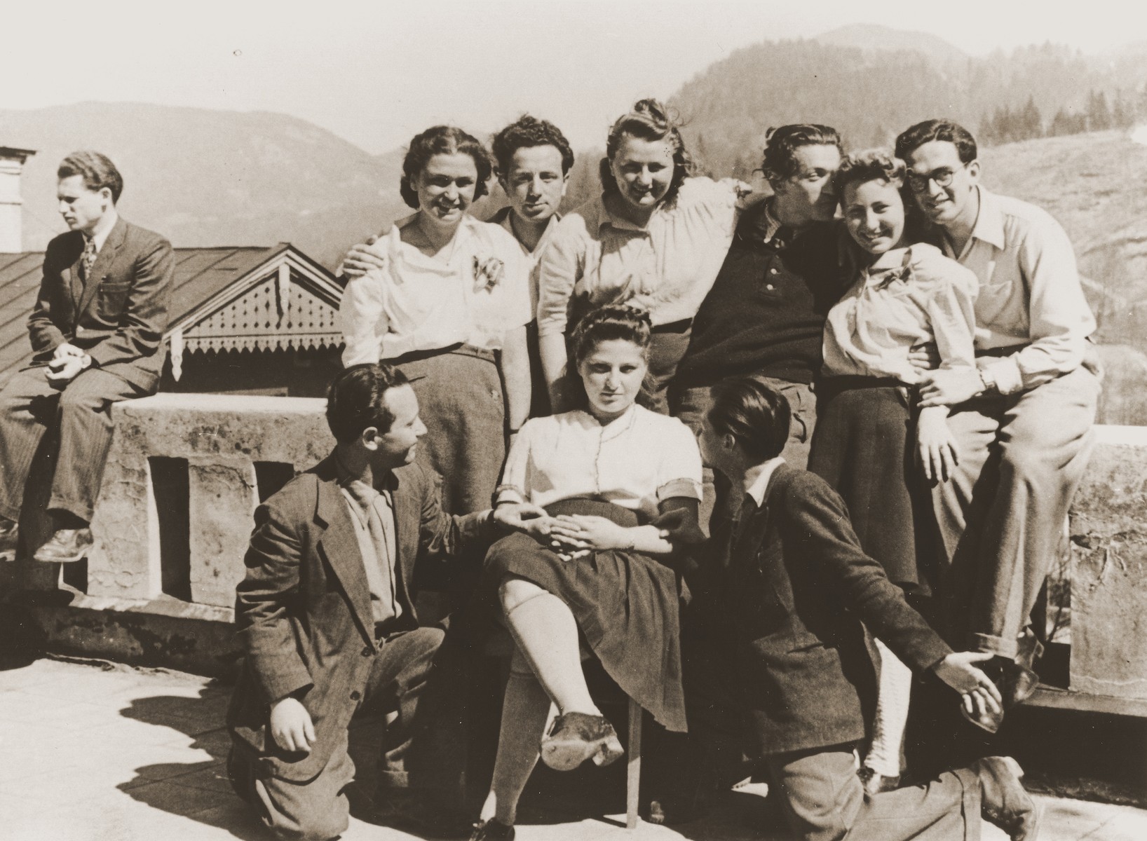 Group portrait of Jewish DP college students from Munich on an excursion to Berchtesgaden.

Janka Sklarczyk from Sloniki is on the far left in the white shirt.  Next to her is Horowitz.  Sandor Bauer is at the bottom left.  Stephan Berko is on the far right and Natan Bierman is in the back, third from the right.
