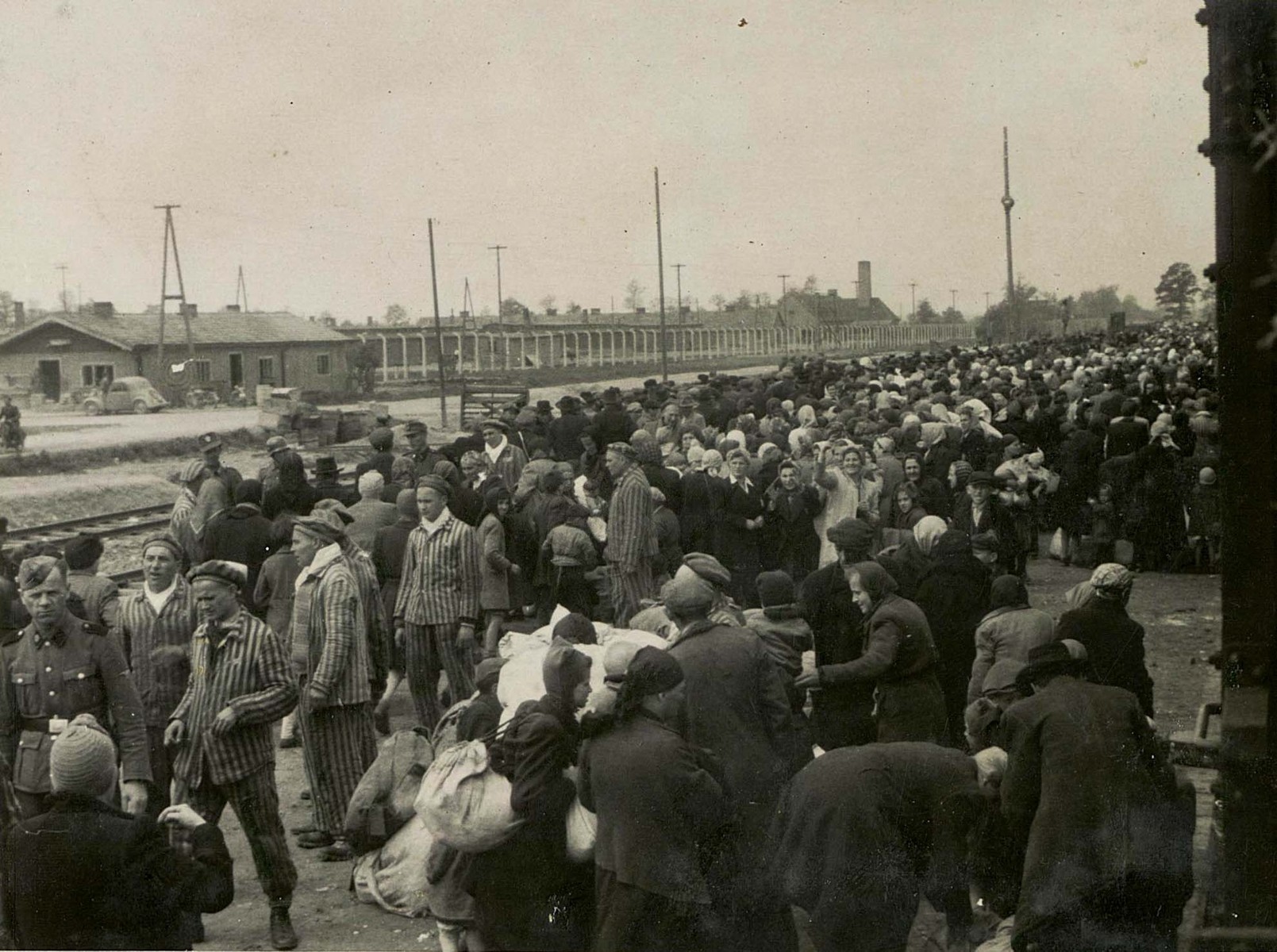 Jews from Subcarpathian Rus await selection on the ramp at Auschwitz-Birkenau.  On the left is a group of uniformed prisoners from the Kanada commando and a few SS men.  

Among those pictured is Zalman-Tuvia Schwimmer from Dolgoye, who survived the war.