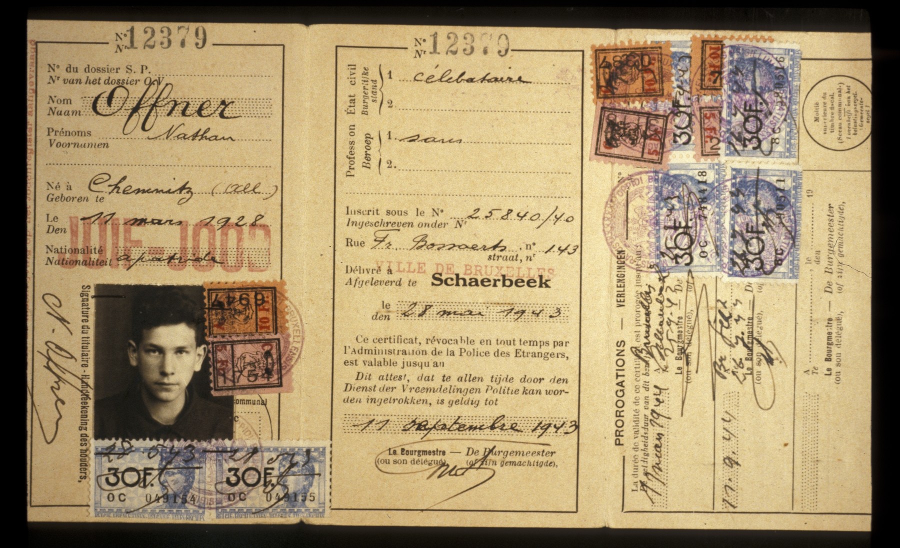 Identification card for a Belgium-Jewish teenager with the word Jew stamped in red in two languages.