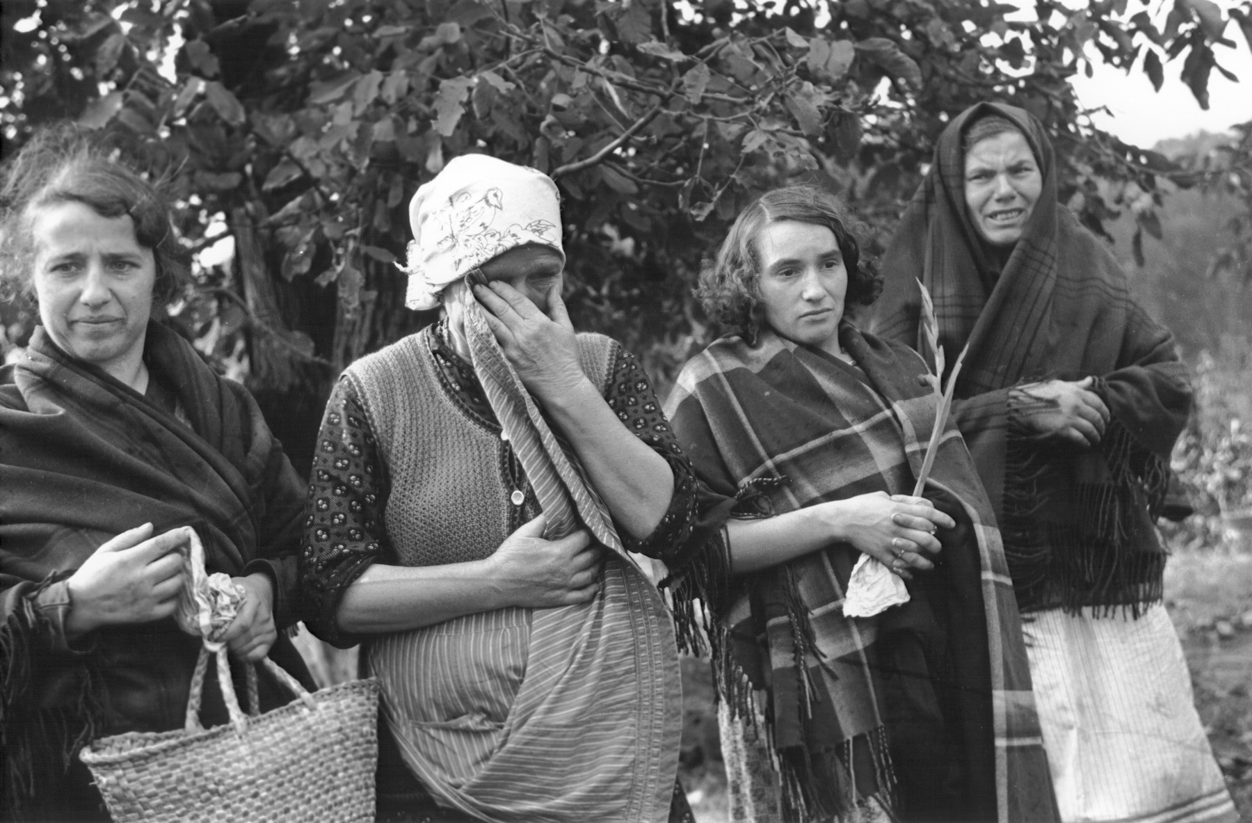 Four Polish women view with anguish the bodies of those killed in a field in Warsaw, where they were digging for potatoes during the siege of the capital.

In the words of photographer Julien Bryan, "As we drove by a small field at the edge of town we were just a few minutes too late to witness a tragic event, the most incredible of all.  Seven women had been digging potatoes in a field.  There was no flour in their district, and they were desperate for food.  Suddenly two German planes appeared from nowhere and dropped two bombs only two hundred yards away on a small home.  Two women in the house were killed.  The potato diggers dropped flat upon the ground, hoping to be unnoticed.  After the bombers had gone, the women returned to their work.  They had to have food.

But the Nazi fliers were not satisfied with their work.  In a few minutes they came back and swooped down to within two hundred feet of the ground, this time raking the field with machine-gun fire.  Two of the seven women were killed.  The other five escaped somehow."
 [Source: Bryan, Julien. "Warsaw: 1939 Siege; 1959 Warsaw Revisited." Warsaw, Polonia, 1959, pp.20-21.]