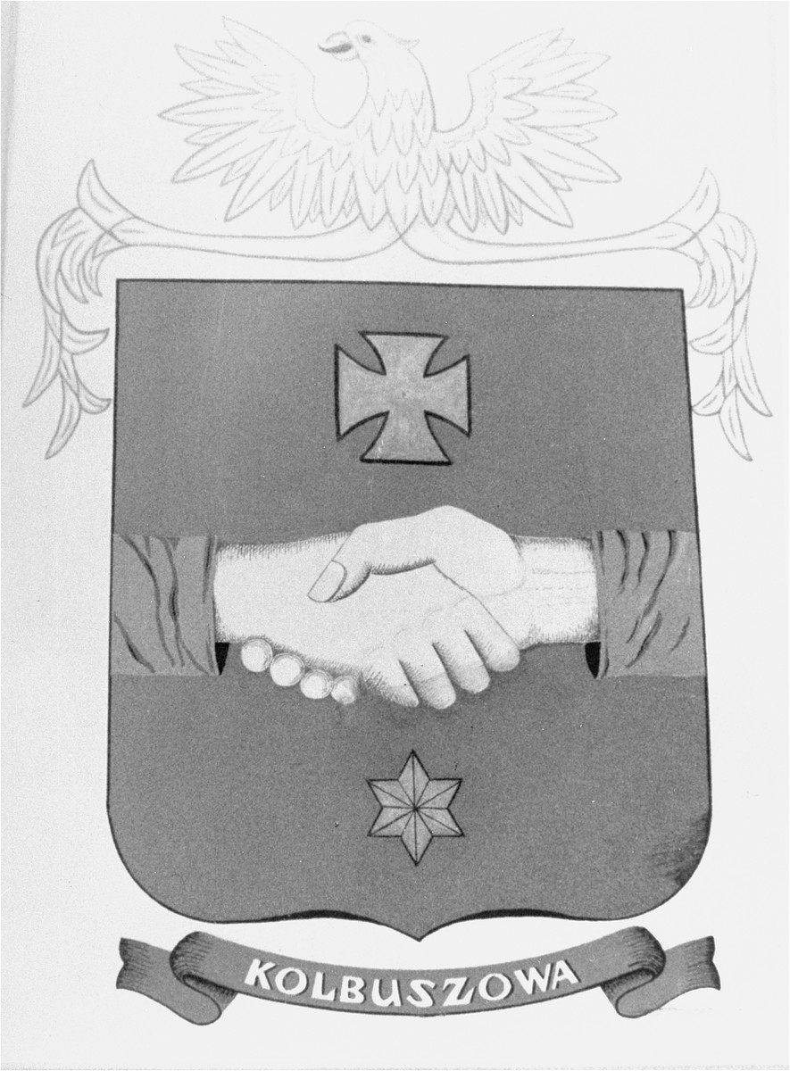 The coat of arms of the city of Kolbuszowa, adopted in 1785, depicts a friendly handshake between a Pole and a Jew.  Above the hands is a crusader's cross and below, is a star of David.  A white Polish eagle hovers above the red, white and blue shield (red and white for Poland; blue and white for the Jews).  The coat of arms hung outside the city hall.