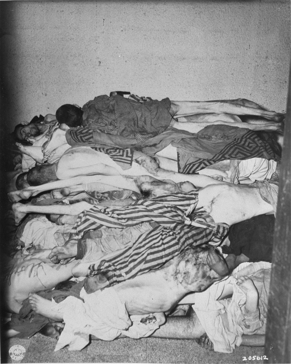 View of a room filled with corpses found in the Flossenbuerg concentration camp by U.S. troops.