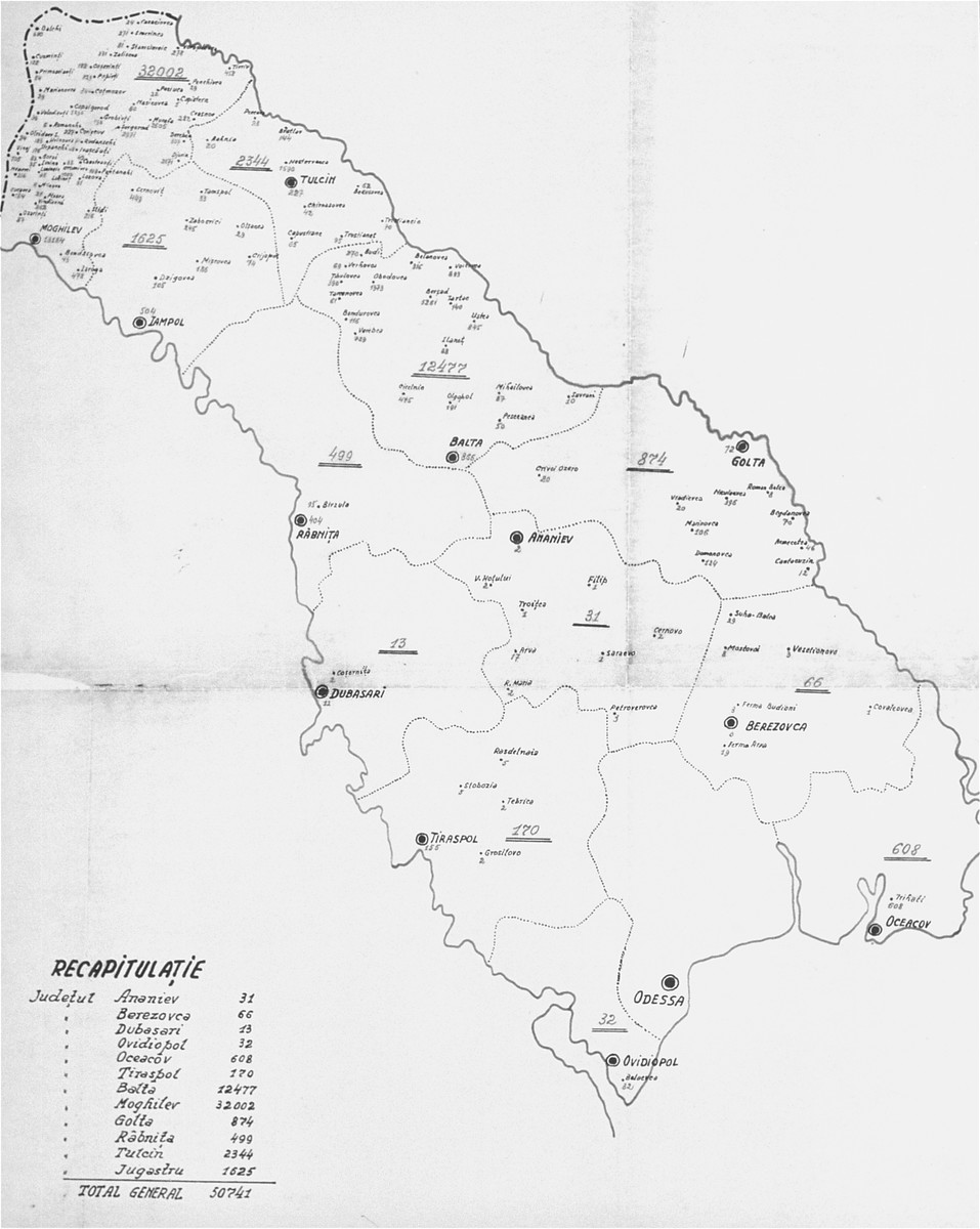 A map of Transnistria giving the number of Jews per district and locality that were deported from Bessarabia and Bukovina.