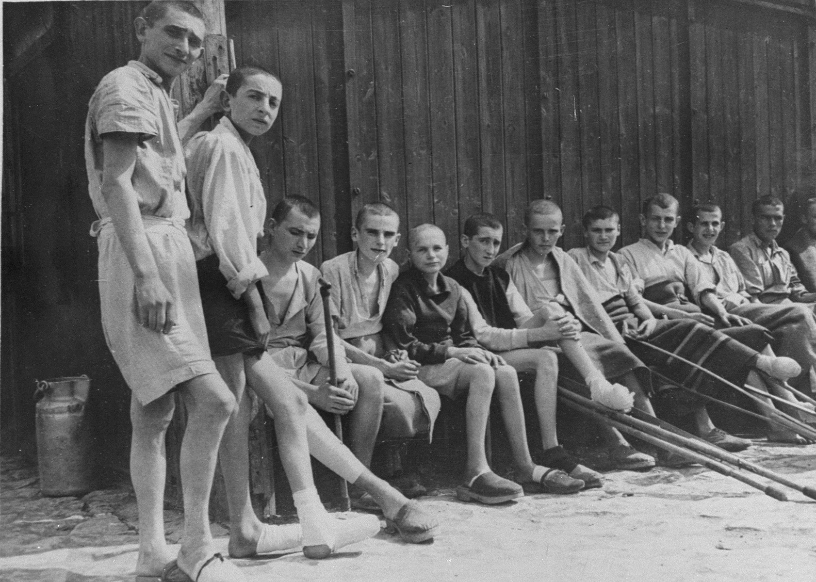 Young crippled survivors in Buchenwald after liberation. 

Rene Edgar Tressler is sixth from the left.