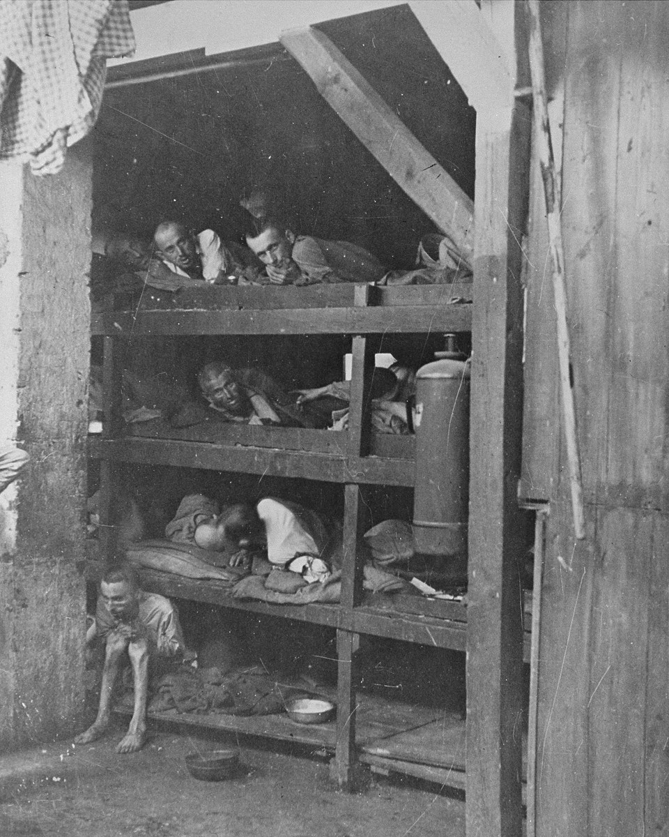 Survivors lie in multi-tiered bunks in the infirmary barracks of the newly liberated Buchenwald concentration camp.

The original caption reads, "Intolerable filth surrounds patients in 'hospital' at Buchenwald concentration camp near Weimar, Germany.  Disease, malnutrition above all, plus incessant torture, resulted in approximately 20 deaths a day."