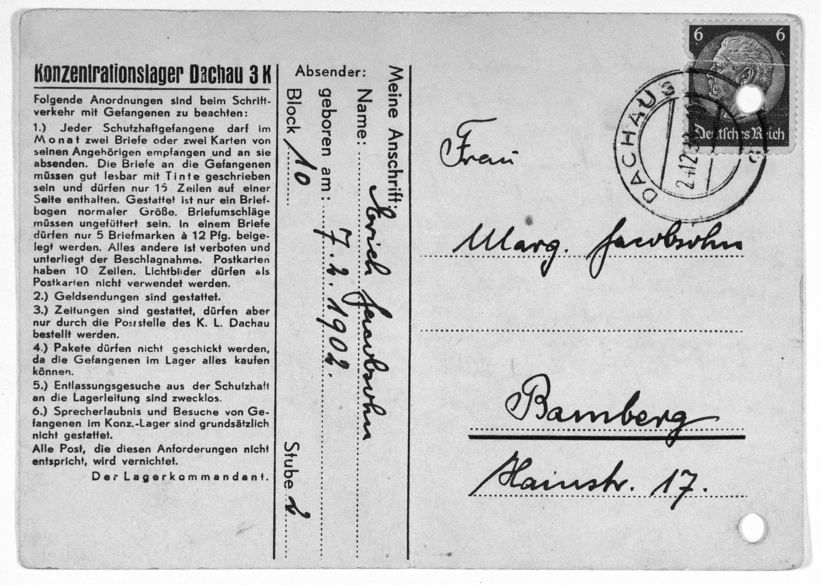 Postcard sent from the Dachau concentration camp by Jewish prisoner, Erich Jacobsohn, to his wife Margarete in Bamberg.

The postcard is dated December 17, 1938.