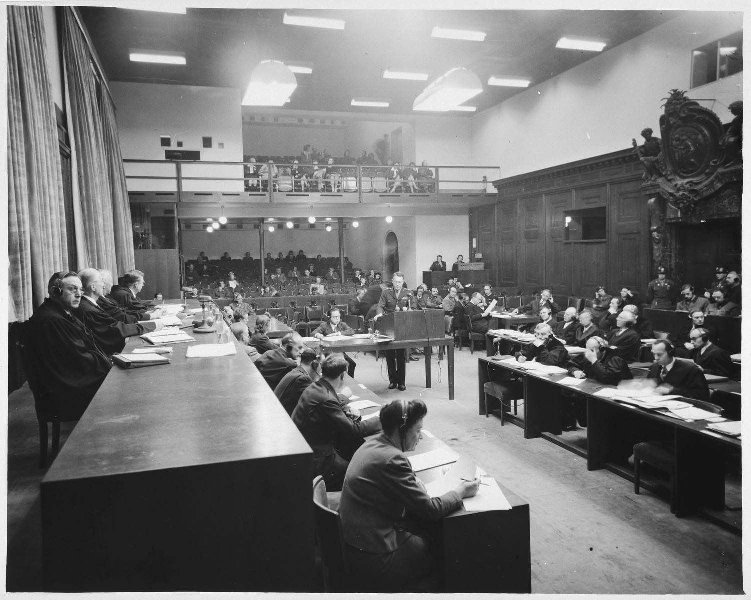 Brigadier General Telford Taylor, the Chief of Counsel for the prosecution, addresses the court during a session of the Doctors Trial.