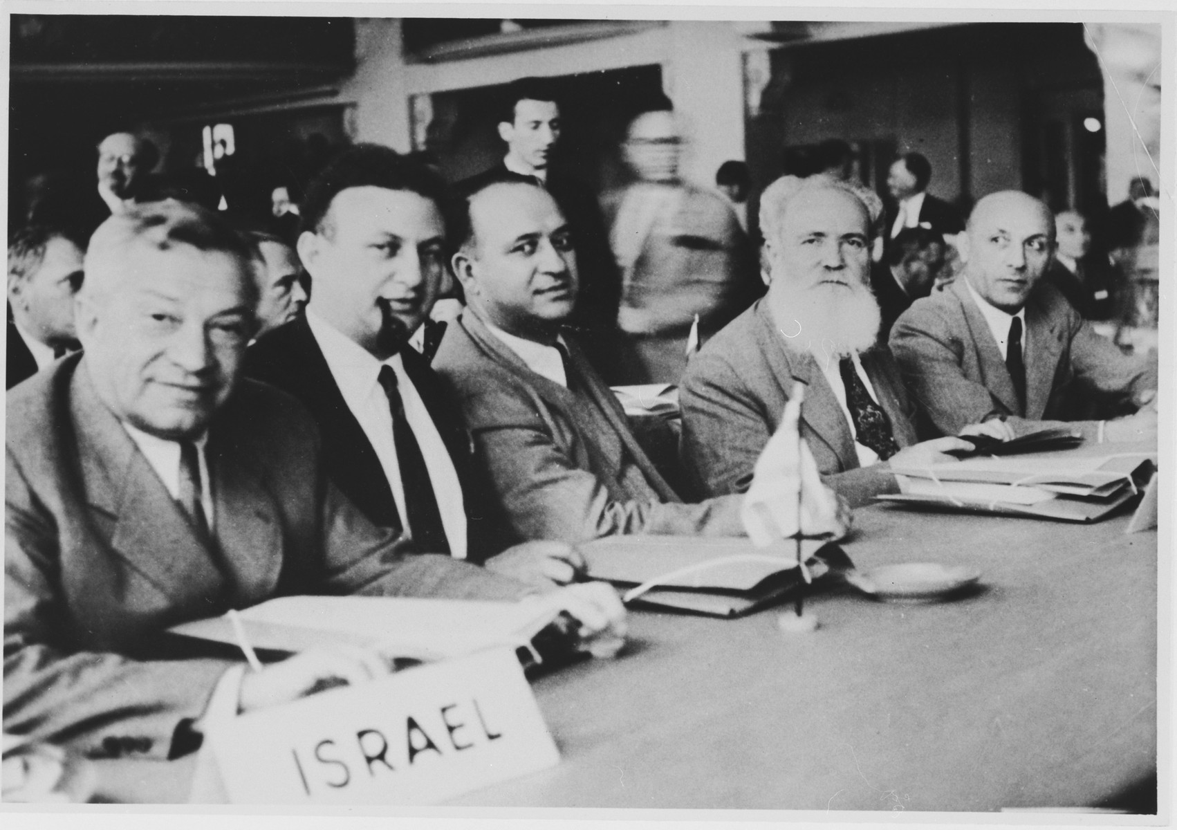 Members of the Israeli delegation to the World Jewish Congress meeting in Montreux, Switzerland.

Among those pictured is Jacob Zerubavel (second from the right).