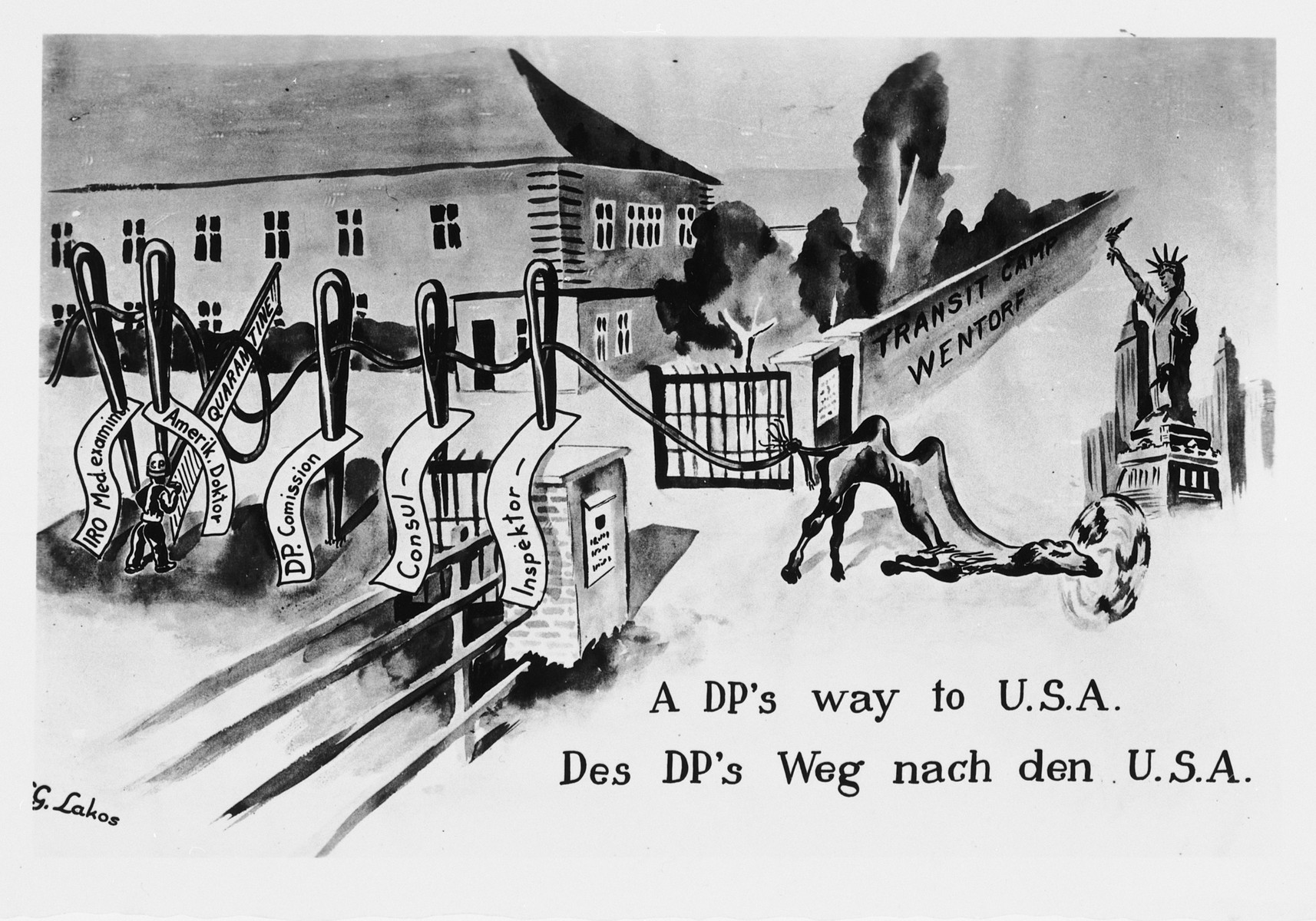 A political cartoon illustrating the obstacles impeding the emigration of displaced persons to the United States.