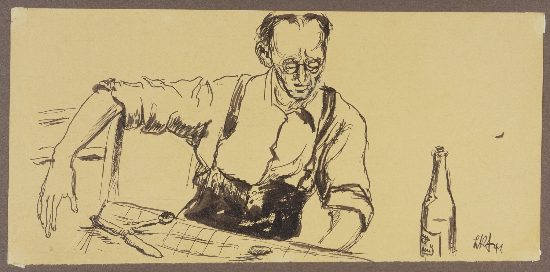 "Male Internee Seated at Table with Silverware and Bottle, Camp de Gurs"  by Lili Andrieux.