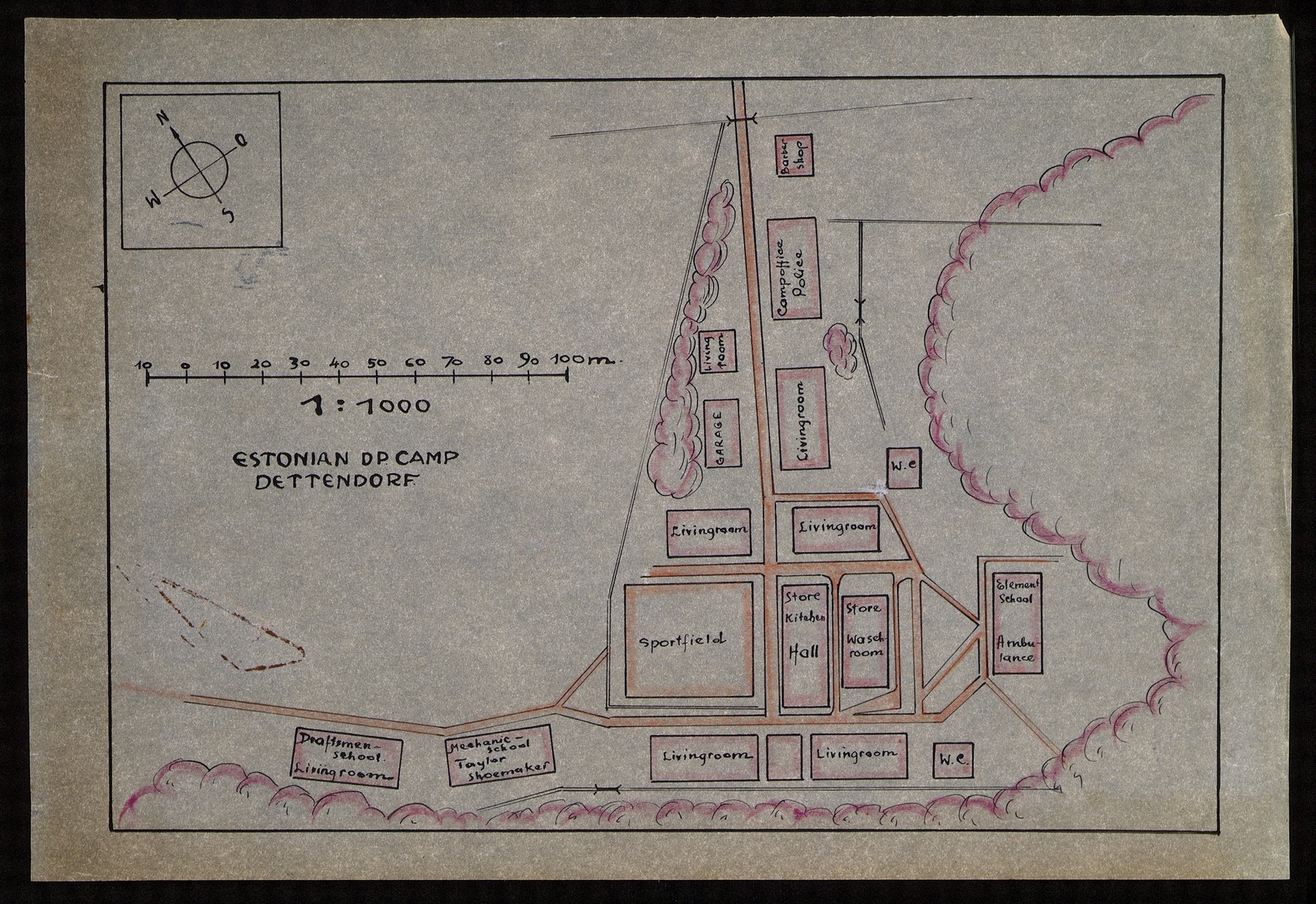 Hand-drawn color map of the DP camp for Estonians in Dettendorf, Germany.