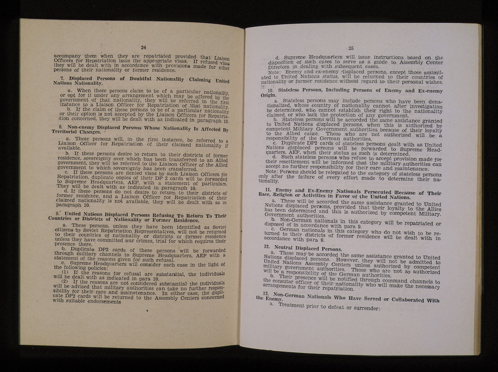 Two pages from the 89-page English "Guide to the Care of Displaced Persons in Germany" printed by the Supreme Headquarters Allied Expeditionary Force.