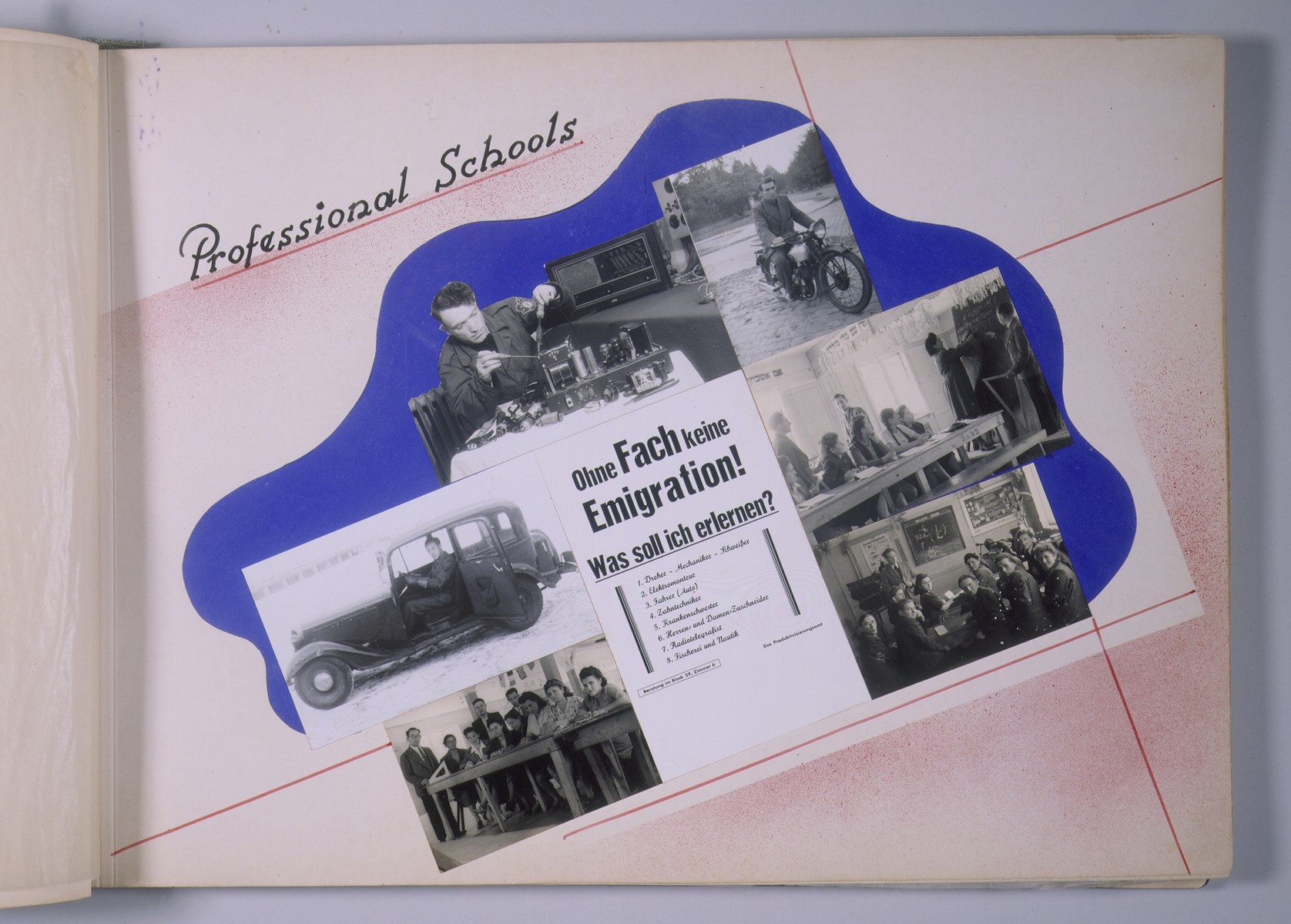 One page of a scrapbook/photo album that includes photographs of vocational training activities [probably at the Schlachtensee displaced persons camp].  The page bears the heading, "Professional Schools." 

The album was assembled by Pinkus Proszowski, a graphic designer originally from Lodz, who served as director of the children's home in the Schlachtensee displaced persons camp.